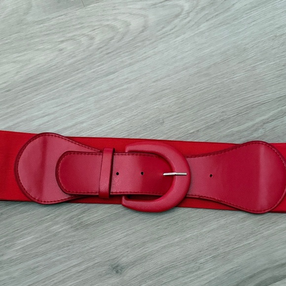 Wide Red Elastic Waist Belt with Round Buckle - Picture 2 of 4
